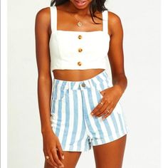 Super Cute High Waist White And Blue Striped Denim Shorts. New With Tags. Would Be Adorable With The Matching Jacket! Check Out My Closet To See The Jacket! Smoke Free Home. Tags: Summer, Trendy, Vacation, Casual, Beachy Striped Short Length Tops, Summer Striped High-waisted Jean Shorts, Striped High-waisted Jean Shorts For Summer, Summer White High Waist Jean Shorts, High Rise Striped Shorts For Summer, High Waist Cotton Jean Shorts For Vacation, High-waist Cotton Jean Shorts For Vacation, White High Waist Jean Shorts For Summer, White High-waist Jean Shorts For Summer