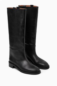 LEATHER RIDING BOOTS - BLACK - COS Riding Knee-high Boots With Leather Sole, Classic Leather Knee-high Riding Boots, Leather Knee-high Riding Boots, Classic Knee-high Calf Leather Moto Boots, Black Riding Boots, Leather Riding Boots, Stacked Heel, Leather Working, Riding Boots