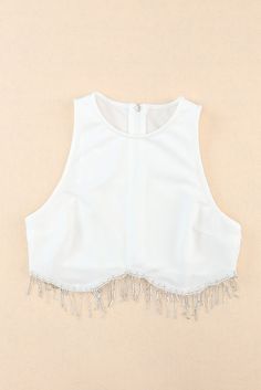 White Rhinestone Fringe Zip Back Round Neck Cropped Tank Top Fringe Tank Top, Feminine Top, Corsets And Bustiers, Crop Top Sweatshirt, Chambray Dress, Plus Size Top, Plus Size Lingerie, White Rhinestone, Mini Shift Dress