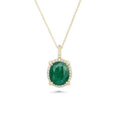 4.99 Cts Emerald and White Diamond Pendant in 14K Yellow Gold Luxury Diamond Emerald Necklace With Oval Pendant, Luxury Green Emerald Oval Pendant Necklace, Luxury Emerald Gemstone Pendant Necklace, Luxury Polished Emerald Pendant Necklace, Luxury Emerald Pendant Gemstone, January Birthstone Jewelry, Yellow Jewelry, Brown Jewelry, April Birthstone Jewelry