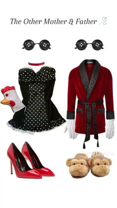 the other mother & father costume is red and black with polka dots on it's sleeves