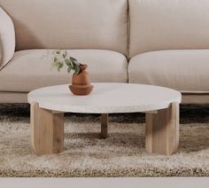 a living room with a couch, coffee table and vase on the carpeted floor