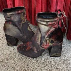 Velvet Booties With Floral And Peacock Feather Pattern That Acts Like A Hologram In Various Light. They Look Almost Black In Low Light. One Bootie Is Missing The Drawstring At The Top But Can Easily Be Worn Without. However I Will Send The One I Have In Case You Want To Use It Modify In Some Way. Chunky Covered Heel Is 3”. These Are New, Never Worn, No Box. Jeffrey Campbell Made A Very Similar Pair. Fall High Heel Booties With Wrapped Heel, Fall Platform Booties With Pointed Toe, Platform Booties With Pointed Toe For Fall, Platform Booties For Fall Party, Fall Booties With Wrapped Heel And Round Toe, Peacock Feather Pattern, Feather Pattern, Peacock Feather, Low Light