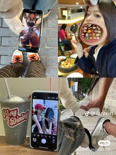 the collage shows people taking pictures with their cell phones and eating donuts, drinking milkshakes, talking to each other