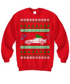 a red christmas sweater with a white car on it