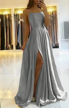 Spaghetti-Straps Prom Dress With Slit PD0178 Satin Prom Dress Long, Satin Ball Gown, Formal Ball Gown, Prom Dresses With Pockets