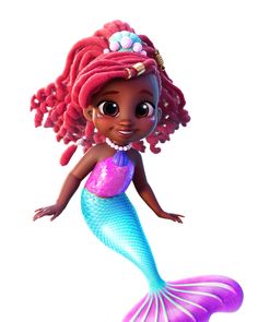 the little mermaid with pink hair and braids is standing in front of a white background