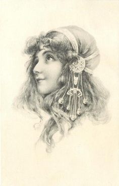 an old fashioned drawing of a woman with long hair and a hat on her head