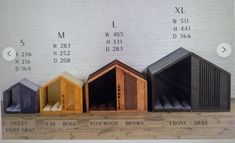 five different types of dog houses on display in front of a white brick wall with measurements