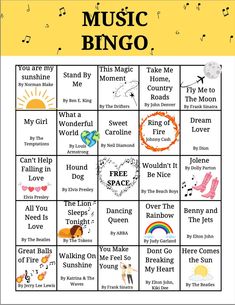 a printable game for kids to play with the words music, bingo and rainbows