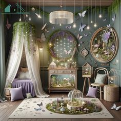 a bedroom decorated in green and purple with butterflies on the walls, curtains, bedding, and furniture