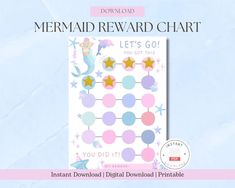 the mermaid reward chart is displayed on a blue background with pink and purple polka dots