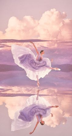 a woman in a purple dress is dancing on the water with clouds and blue sky behind her