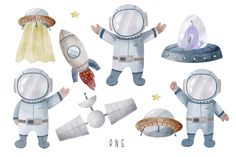 watercolor illustration of astronauts in space suits with their arms outstretched and holding rockets above them