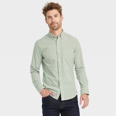 Men's Slim Fit Every Wear Long Sleeve Button-Down Shirt - Goodfellow & Co™ Olive Green S Mens Green Button Up, Classic Green Button-up Dress Shirt, Green Long Sleeve Flannel Shirt With Button Closure, Green Button-up Flannel Shirt, Classic Green Button-up Flannel Shirt, Slim Fit Men, Smart Casual, Button Downs, Cotton Material