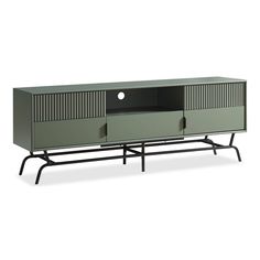 an entertainment unit with two doors and three drawers on one side, in grey color