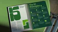 an open spiral notebook with the ten principals written in green on it, sitting on top of a chair