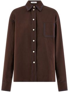 coffee brown cotton contrast stitching spread collar front button placket drop shoulder long sleeves buttoned cuffs chest patch pocket straight hem Yoko London, City Dress, Iconic Bags, Coffee Brown, Summer Beach Wear, Lady Dior, Button Placket, Salvatore Ferragamo, Jacket Tops