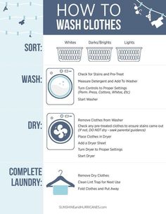 how to wash clothes in the washing machine and dryer info sheet with instructions on it