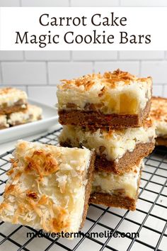 carrot cake magic cookie bars on a cooling rack