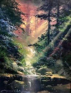 an oil painting of trees and water in the woods with sunlight streaming through them,