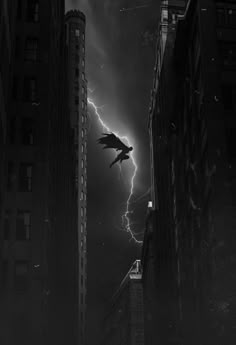 a black and white photo of a batman flying in the sky over some tall buildings