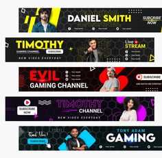 three different banners with the same image on one side and another in the middle that says live gaming channel