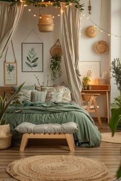 a bedroom decorated with plants and lights