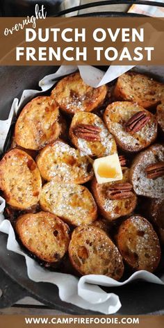 french toast with butter and pecans in a cast iron skillet