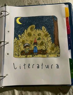 an open book with a drawing of a boy in the woods