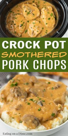 crock pot smothered pork chops with gravy in a white bowl