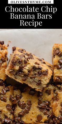 chocolate chip banana bars are stacked on top of each other with the title above it