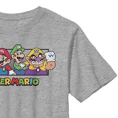 This Super Mario graphic t-shirt for little and big boys is a must for a fan of the game. Crafted from soft cotton-knit, it features a graphic with the characters, a crew neckline, and short sleeves. Wear it with jeans or shorts. Character: Super MarioClosure Type: Pullover HeadFit: Regular FitNeckline: Crew NeckSleeve Length: Short SleeveFiber Content: 50% Cotton, 50% PolyesterFabric Description: KnitCare: Machine Wash, Tumble DryCountry of Origin: Imported Super Mario Birthday, Large Shirts, Big Boys, Super Mario, Mario, Shirts Tops, Graphic Tshirt, Short Sleeves, Crew Neck