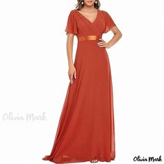 Olivia Mark - Floor-Length Chiffon Banquet Bridesmaid Dress with Flared Bell Sleeves and Evening Gown Elegant Evening Gown, Mermaid Evening Gown, Deep V Neck Dress, Crop Top Dress, Evening Gowns Elegant, Long Sleeve Short Dress, 70 Dress, Maxi Dresses Casual, Belted Dress