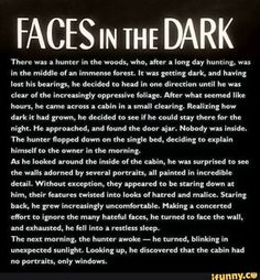 an advertisement for the movie faces in the dark, with black and white writing on it