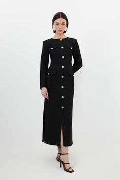 Inspired With Military Detailing, This Maxi Dress Is Tailored For A Sophisticated Appearance. Featuring Silver Tone Polished Buttons Along Flap Pockets Down To A Split Hem. Pair With Barely-There Heels For Smart Workwear Or Evening Attire.Flap Pocketsround Necklinebutton Detailing Black Tweed Dress, Bride Jumpsuit, Petite Wedding Guest Dresses, Business Casual Summer, Petite Business Casual, Eid Outfits, Black Inspiration, Tall Dresses, Black Tweed