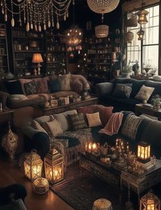 a living room filled with lots of couches and tables covered in pillows next to windows