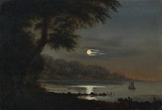 a painting of a boat on the water at night with a full moon in the sky