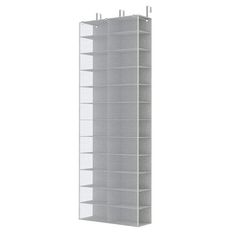 a tall white book shelf with five shelves on each side and one section open to show the