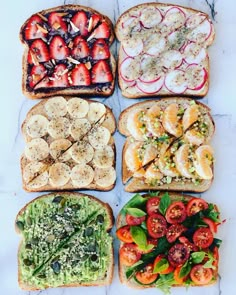 four slices of bread with different types of food on them, all arranged in the same pattern