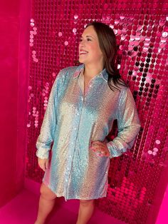 Get ready to shine in this fabulous multi shimmer striped sequin shirt dress! Our statement-making design features ultra-glam striped sequins for a sparkling look that's sure to turn heads. Slip into this sparkly stunner and you'll be ready to show the world your fashionable flair! Sequin Shirt Dress, White Elephant Game, Curvy Girl Dress, Sequin Shirt, Western Girl, Tie Headband, Denim Blouse, Sporty Girls, Single Women