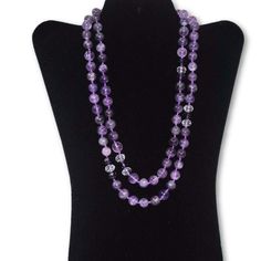 Amethyst gemstone with rhinestones beaded women's necklace. Custom made beautiful 10mm handmade necklace with ascended with silver-toned rhinestone. This necklace is individually knotted and fit for a beautiful female gift. Amethyst, a stone traditionally worn to guard against drunkenness and to instill a sober mind. Amethyst is the world's most popular purple gemstone. It is a purple color variety of quartz and has been used in personal adornment for over 2000 years. It is the birthstone of Feb Lavender Round Jewelry With Faceted Beads, Elegant Crystal Healing Necklaces With Round Beads, Elegant Round Beads Crystal Necklace For Healing, Elegant Amethyst Beaded Necklaces For Healing, Formal Amethyst Gemstone Bead Necklace, Elegant Amethyst Beaded Necklace For Healing, Purple Crystal Jewelry With Faceted Beads, Purple Crystal Gemstone Necklace, Purple Crystal Round Necklace