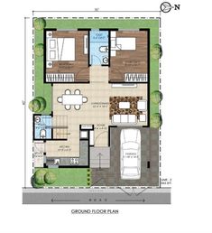 the ground plan for a house with two bedroom and an attached kitchen area, which is also