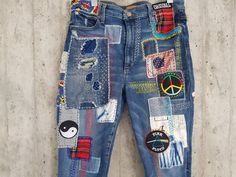 "all size by order only! Amazing vintage Jean's. 24,25,26,27,28,29,30,31,32,33,34,36,38 ... Made to order, in any size, within 15 working days . If you need different size, please send me a message and I will make you a special and unique design within 15 working days. They are all different! No one will have the same one as you have! Hand painted, one of kind jeans. You pick your size, model (slime- boyfriend- high waist- low waist) and primer color and you will get your singular design. \"my q Patched Jeans For Streetwear In Fall, Fall Streetwear Jeans With Patches, Bohemian Medium Wash Jeans For Fall, Bohemian Straight Leg Jeans For Fall, Hippie Straight Leg Jeans For Fall, Straight Leg Jeans For Fall Festival, Straight Leg Jeans For Festival In Fall, Trendy High Rise Jeans For Festivals, Fall Festival Straight Leg Jeans