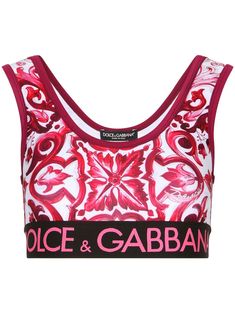 fuchsia pink stretch-design Majolica print logo underband sleeveless scoop neck scoop back cropped This item is in size 38 and the color is Red Majolica Print, Edgy Glam, Exercise Clothes, Diamond Heart Pendant Necklace, Poppy Print, Bold Logo, Fashion Design Drawings, Dolce E Gabbana, Cropped Tops