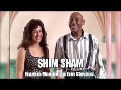 a man and woman standing next to each other in front of a sign that says shim sham