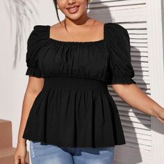 Ladies Shein Curve Size 1x Black Shoulder Puff Blouse With Elastic Waist Band . Never Worn. How To Wear A Pleated Skirt, Milkmaid Blouse, Applique Blouse, Fashion Tops Blouse, Peplum Blouse, Plus Size Kleidung, Plus Size Blouses, Curvy Fashion, Blouse Top