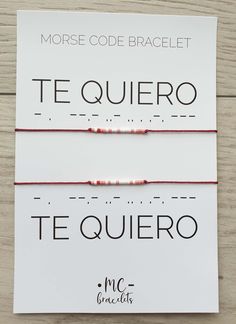 two red string bracelets on top of a white card with the words, morse code bracelet