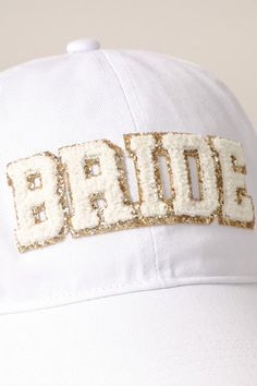 Rock a playful look with the BRIDE Chenille Letter Patch Baseball Cap. This 6-panel designed hat features a cool chenille letter patch, made of 100% cotton for a comfortable fit. With its adjustable strap, this one-size-fits-all cap is perfect for any bride-to-be. (Slay in style with this cap!) White Hats With Letter Patch, White Snapback Hat With Letter Patch, White Cotton Baseball Cap With Letter Patch, White Baseball Cap With Letter Patch, White Hat With Curved Bill And Letter Patch, White Adjustable Snapback Hat With Letter Patch, Adjustable White Baseball Cap With Letter Embroidery, White Cotton Dad Hat With Letter Embroidery, Adjustable White Trucker Hat With Letter Embroidery