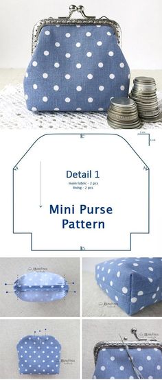 the instructions to make a purse with polka dot fabric and zipper closures, including coin holders